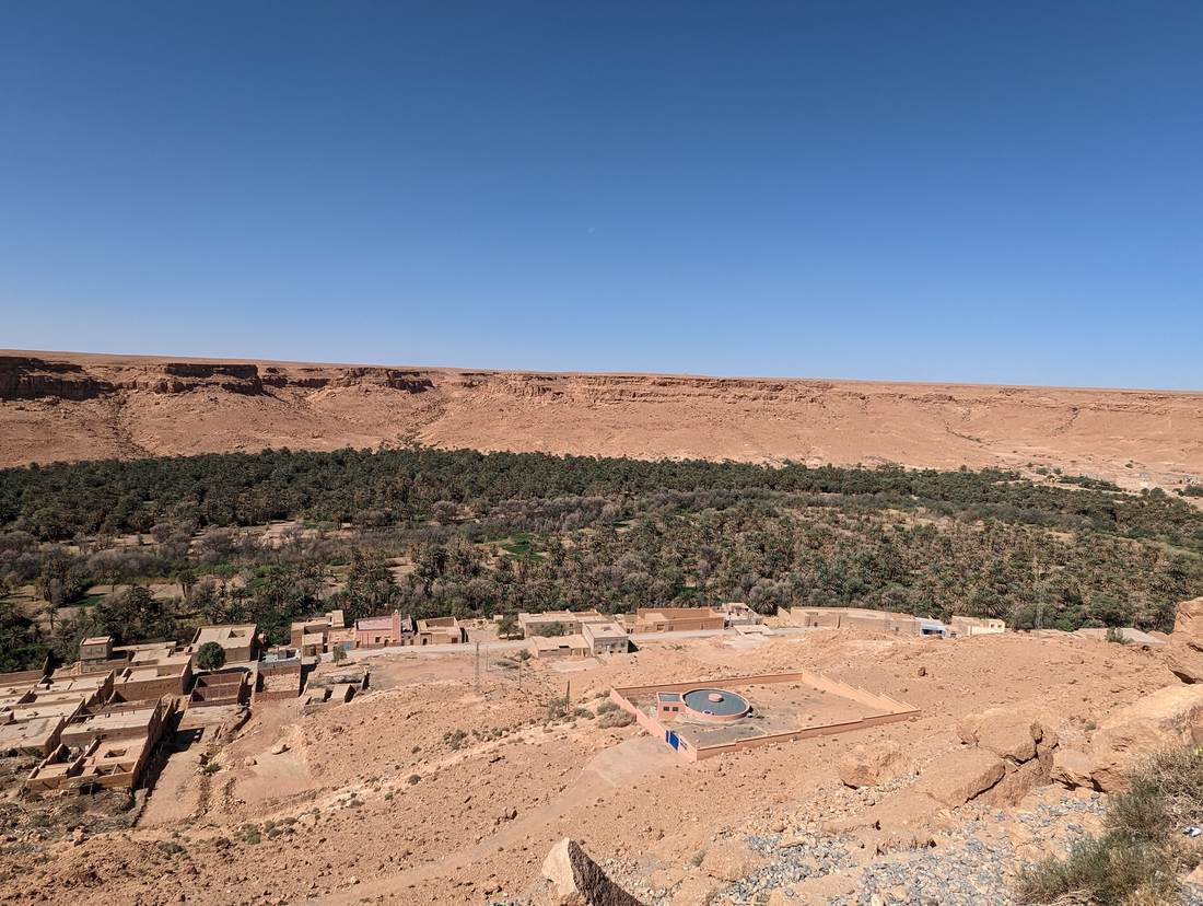 Vue en surplomb d'une oasis verdoyante au creux d'un canyon désertique